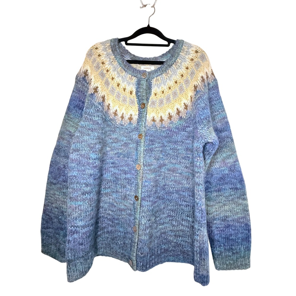 Sundance Starlight on the Water Fair Isle Cardigan L Blue Wool Blend Boho